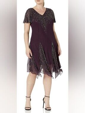J Kara Deep Purple Beaded V-Neck Midi-Sheath Evening Dress..Size:16W